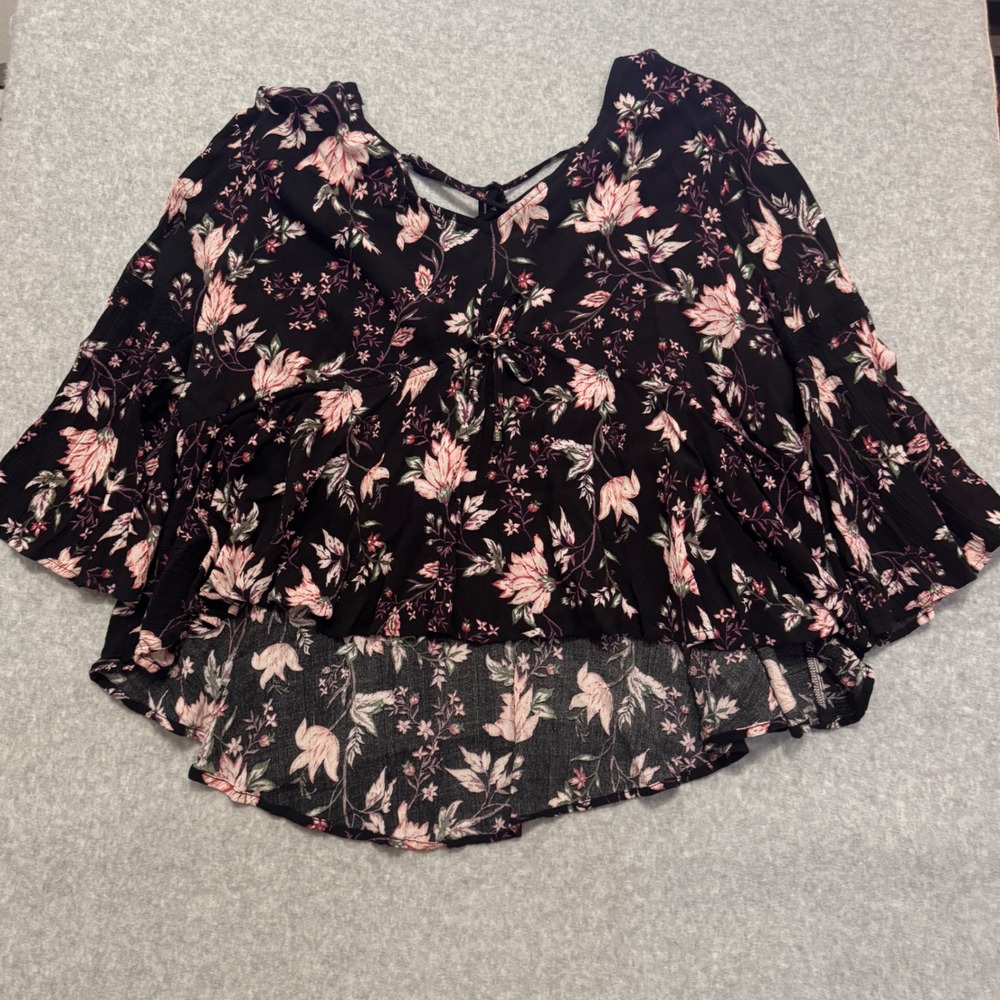 American Rag Womens XL Floral Babydoll Top Black Pink Lace Boho‎ High Low Blouse